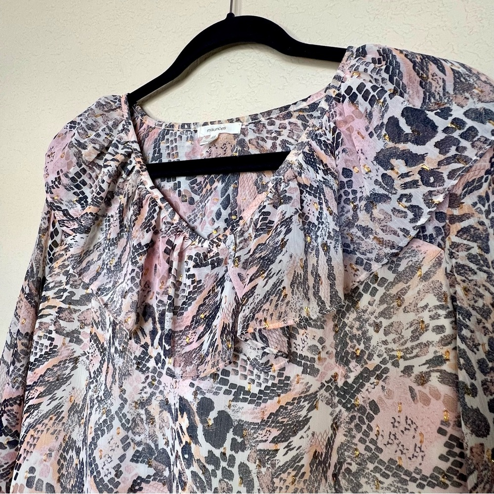 Maurices Boho Ruffle Blouse Pink Gold Metallic Animal Print Top Medium